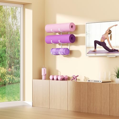 Yoga Mat Holder Wall Mount, 3-Tier Yoga Mat Storage Rack for Gym, White - color: White