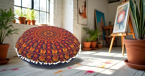 CRAFT KALA 22" Round Mandala Boho Pillow Meditation Seating Poufs for Living Room, Yoga Room, Home, Bedroom, Balcony, Garden, Party Decoration Cotton Floor Cushion Cover 22" Multi Mirchi - color: Multi Mirchi