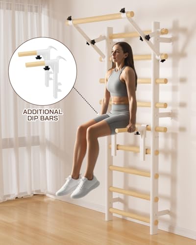 Cofiyard Swedish Ladder Wall Gym, Wooden Wall-Mounted Stall Bars with Pull-up Bar & Exercise Straps & Dip Bars, Stretching Ladder Full Body Home Gym Adults New - color: White