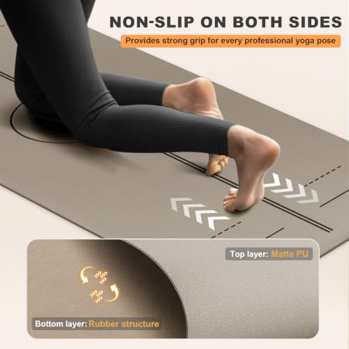 Yoga Mat - Non Slip Natural Rubber Yoga Mat, Alignment Lines, Ultimate Grip | Anti-Tear, Durable & Thick 5mm, Skin-Friendly with Free Carry Strap, Bag, for Yoga, Pilates Fitness and Floor Exercises - color: Beige
