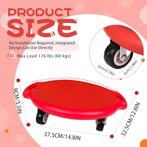 Kids Sitting Scooter Board with Universal Wheels Swivel Casters Round Plastic Floor Surfer Sports Scooters with Rollers Autism Kids Sensory Scooter Board for Gym Class Physical Education Home Use - color: red