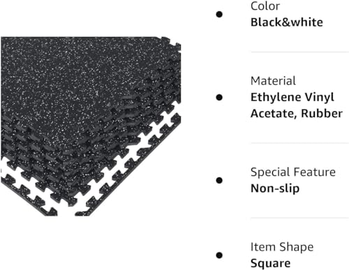 1/2" Thick 48 Sq Ft Rubber Top Gym Flooring, 12 Pcs High Density EVA Foam Exercise Equipment Mats - Interlocking Floor Tiles for Home Gym - 24 x 24in Tile, Black