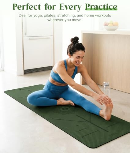 ROMIX Pro Yoga Mat With Alignment Lines, 6Mm Thick Non-Slip Exercise Mat | 72 x 24 In TPE Large Pilates Mat For Home Workout, Stretching, Training, Meditation, Carry Bag Included For Women And Men - color: Lime