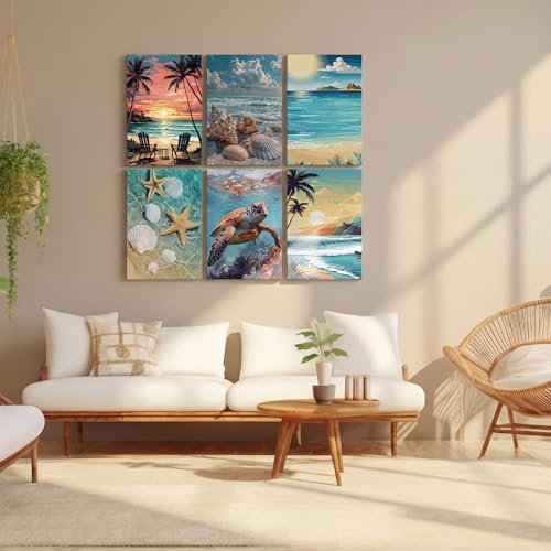 Honoson 6 Pack Beach Paint by Number Kits for Adults 8x12 Inch DIY Shell Turtle Beach Sea Ocean Paint by Number on Canvas with Frame Easel Acrylic Paints Brush for Beginners Home Wall Decor - style: Summer Beach