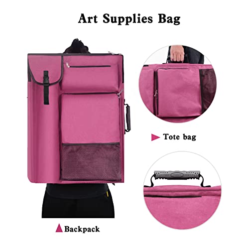 TreochtFUN Art Bags for Supplies Portfolio Case 19 X 25.5 in Artist bag M-L | for Storage A2 Canvas Board A3 Sketchbook - Carrying Artwork with Backpack & Tote-handle - color: Dark Pink