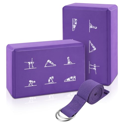 2 Yoga Block and 2 Yoga Strap Set,Non-slip EVA Foam Blocks, High Density Yoga Bricks with 6ft Strap, Supportive Latex-Free Yoga Block Accessories for Pilates - color: Purple