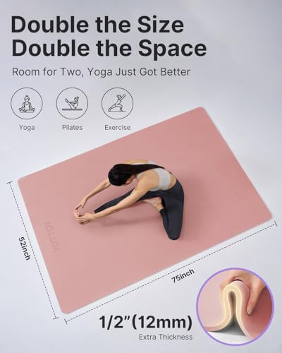YOTTOY Large Yoga Mat (75 * 52 * 1/2inch),Extra Wide TPE Exercise Mat,Non-Slip Workout Mat for Pilates, Fitness, Barefoot, Home Gym Studio with Strap and Towel - color: Pink, size: 75*52*1/2inch