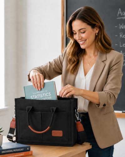 FIORETTO Canvas Tote Bag for Women with Zipper Closure & Individual Compartments for Work College for Teacher & Nurse - color: Black&brown, size: Medium