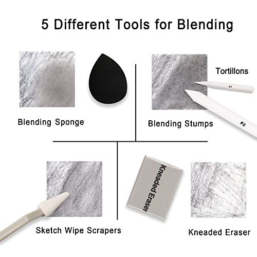 HIFORNY 38 PCS Sketch Drawing Tools - Blending Stumps and Tortillions Set Blending Tools with Art Sketch Wipe Scrapers,Rub Sponge,Kneaded Eraser and Sandpaper Sharpeners
