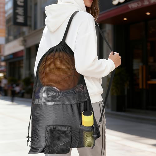 NATURAL STYLE Mesh Drawstring Gym Swim Beach bag, Large Waterproof Pool Sports Backpack for Swimming Gear Workout Yoga Travel - color: Black