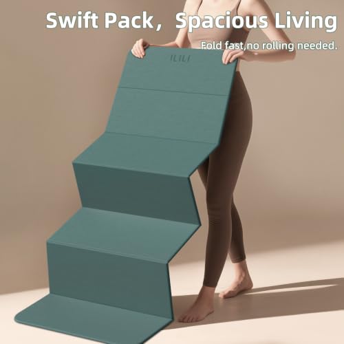 ILILI Foldable Yoga Mat 10mm, Extra Thick, Extra Long, 75x26x0.4 Inch, TPE | Non-Slip Grip, Easy Carry&Storage, Comfort Cushion, SGS Safe, Suitable for Yoga, Pilates, Home Exercise&Outdoor Travel - color: Dark Green+Dark Gray