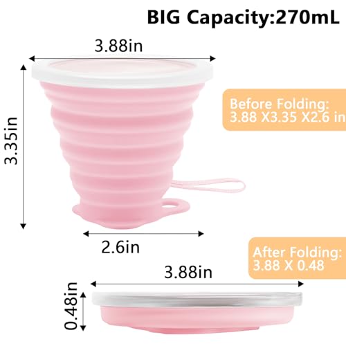 Litoexpe 2 Pack Silica gel Collapsible Travel Cup 270ml, Pink & Green | with Lids, Portable Folding Camping Cup, for Camping and Travel - color: Pink & Green
