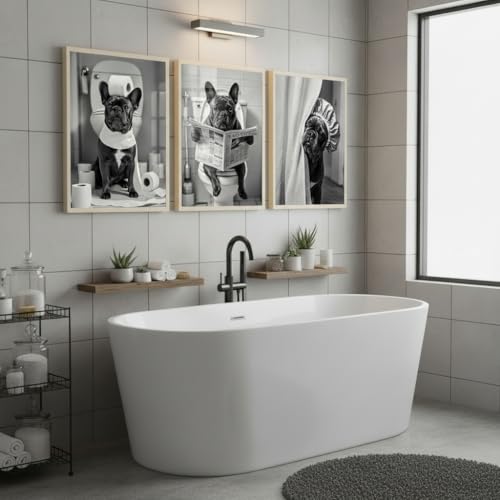 3Pcs Black White French Bulldog Bathroom Wall Art Abstract Dog Toilet Paper Poster Prints Artwork Funny Animal Pictures Wall Decor for Washroom Home Decoration 12x16in Unframed - color: Dog, size: 16"L x 12"W Poster