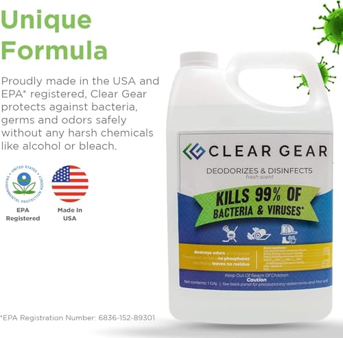 Clear Gear Disinfectant & Deodorizer for Sports Equipment 4, 1 Gal. Bottles | Deodorizer for Sports Equipment, Gyms, and Fitness Centers, EPA-Registered, Hospital Grade Disinfectant 4 gallons Made in USA - size: 128 Fl Oz (Pack of 4)