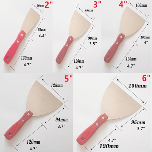 5Pcs Putty Knife Scrapers Stainless steel spatula Tool set,with a comfortable wooden handle,for Scrapering,Drywall Repairs and Spreading,Taping Drywall Wall Painting (Mixed pack2",3",4",5",6") - color: Mixed Pack2",3",4",5",6"