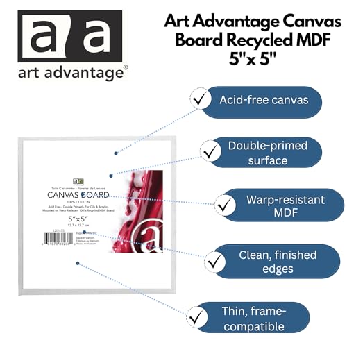 Art Advantage Canvas Board Recycled MDF 5x5 - Recycled MDF Canvas Panels for Painting, Paint Canvas, Canvases for Painting, Acrylic, Oil & Watercolor Art, Professional & Hobby Use - size: 5"x5"