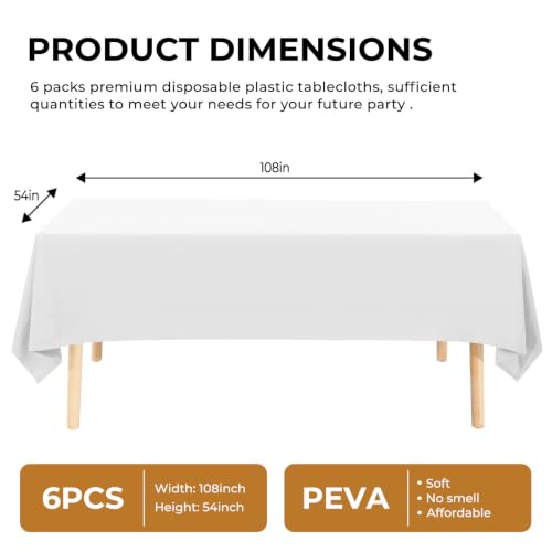 6 Pack Premium Disposable Plastic Tablecloth 54" x 108" Party Table Cloths Disposable for 6 to 8 Foot Tables Indoor or Outdoor Parties Birthdays Weddings Christmas Anniversary Buffet Table (White) - color: White