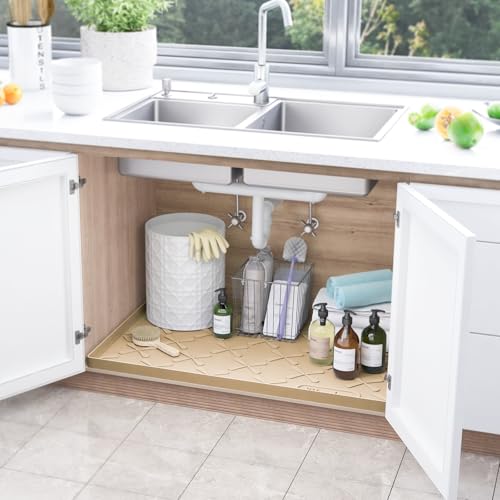 SIKADEER Waterproof Under Sink Mat Silicone 25"x19", Kitchen Cabinet Liner - color: Beige, size: 25"W x 19"L