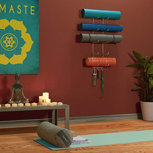 Wallniture Guru Yoga Mat Holder Wall Mount with 3 Hooks for Hanging Yoga Strap, Resistance Bands, 5-Sectional Metal - color: White, size: 31.5'' H | 5 Sectional