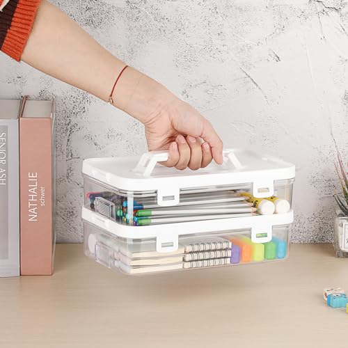 BTSKY 2 Pack Clear Plastic Storage Box with Handle & Flap Lid, Portable Craft Organizers and Storage Box Art Supply Storage Organizer Multipurpose Plastic Sewing Box for Beads Pencils Sticky Notes - color: 2 Pack