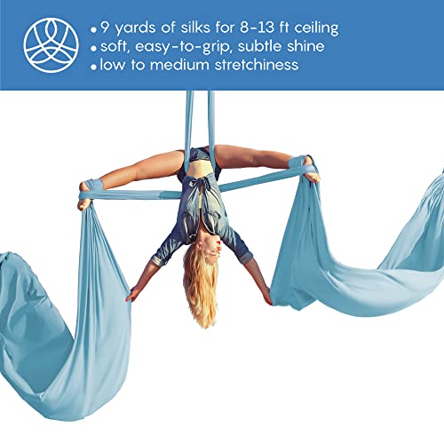 Aerial Silks Starter Kit, 9 Yards, Aerial Yoga Hammock, Hardware | Knitted fabric with pose guide, for aerial yoga, gymnastics, silk swing, stretching and home gym use, suitable for all levels - color: Light Blue