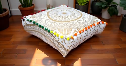 INDIAN CRAFT CASTLE ICC Mandala Barmeri Large Floor Pillow Cover Cushion Meditation Seating Ottoman Throw Cover Hippie Decorative Zipped Bohemian Pouf Ottoman Cases White Gold Matellic 16" Square