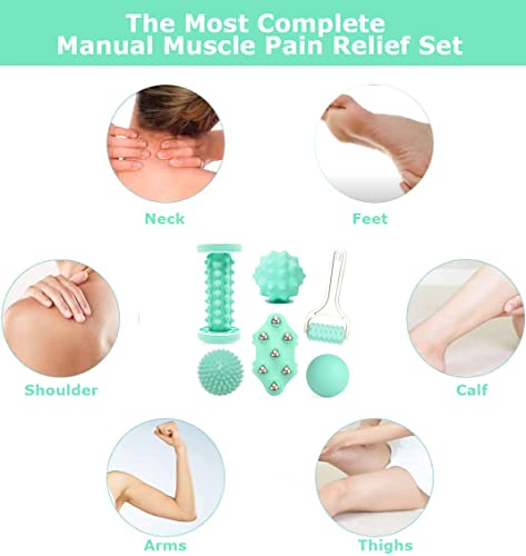 Foot Massage Ball & Foot Rollers 6 in 1 Set with Handheld Roller, Spiky Ball, Lacrosse Ball, Massage Roller, Steel Ball Massager for Relieve Plantar Fasciitis, Deep and Superficial
