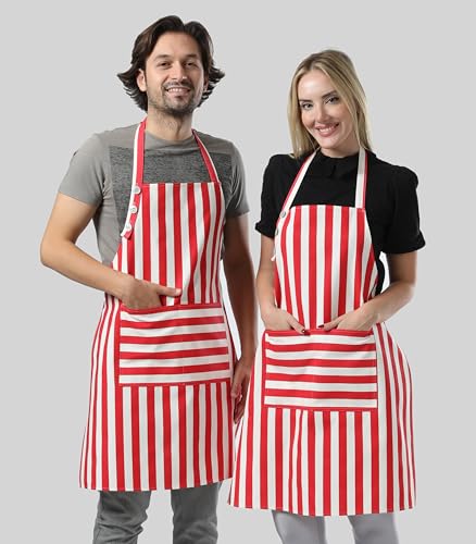 TOSHEX Kitchen Apron Cotton Waterdrop Resistant Adjustable Button Women Men | Premium Cotton Cooking Apron with Pocket. Striped, Gift, Red - color: Red