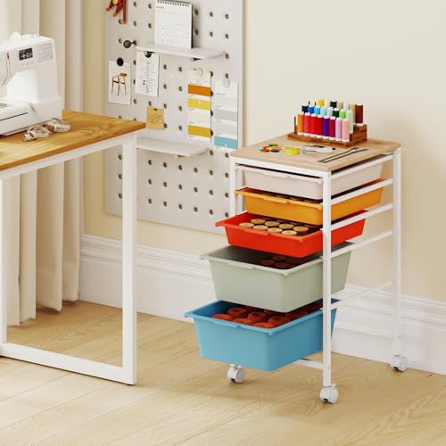 GOFLAME 5-Drawer Rolling Storage Cart, Craft Storage Cart with Wooden Tabletop and Lockable Wheels, Art Cart Supply Storage Organizer with Metal Frame for Home Office Classroom, Macaron Color - color: Macaron Color, size: 5-Drawer with Wood Top