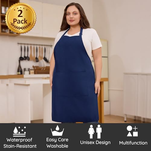 2 Pack Plus Size Waterproof Cooking Chef Apron with 2 Pockets for Men Women | Extra Large Design, Adjustable Neck Straps, Long Waist Ties, Professional Bib Aprons for Kitchen, Grilling, Gardening, Baking - color: Navy Blue