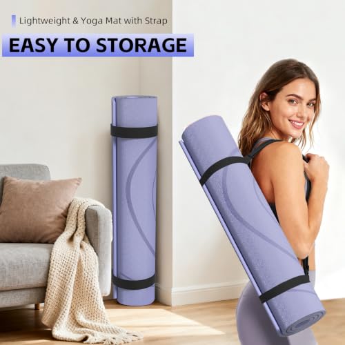 Large Yoga Mat Thick, 76"x32"x0.31"Wide POE Exercise Mat with Non-Slip Surface & Carry Strap, Anti-Tear Workout Mat for Yoga, Pilates, Fitness - color: light purple
