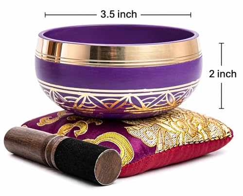 Tibetan Singing Bowl Set - Authentic Handcrafted Mindfulness Meditation Holistic Sound 7 Chakra Healing Gift by Himalayan Bazaar (Purple-Magenta) - color: Magenta Purple