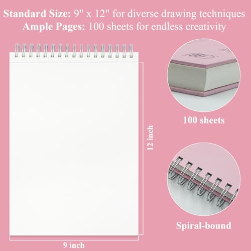 Cute Sketchbook Pink, 9"x12" Sketch Book for Teen Girls, 100 Sheets Girl Sketchbook 73lb/120gsm Drawing Paper for Kids, Art Supplies for Teens 14-16 Girls, Mothers Day Gifts. - color: Pink, size: 9" x 12" (Pack of 1)