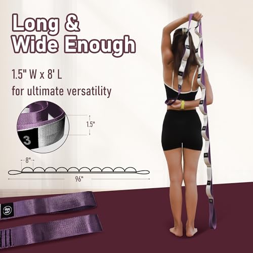Stretch Bands for Exercise, Non Elastic Yoga Stretching Strap with Loops, 3.8cm x 2.45m, Stretching Bands for Physical Therapy, Yoga, Pilates, Dance, Gymnastics Exercise - color: Purple