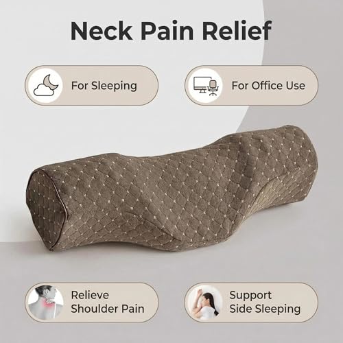 Cervical Neck Pillow for Pain Relief Sleeping, Neck roll Pillow Memory Foam for Stiff Neck Pain Relief ,Travel Bolster Pillow for Bed for Side Sleepers Back Sleeper. (Brown) - color: Brown