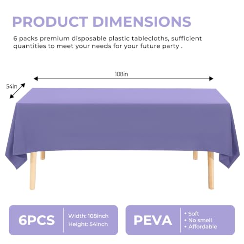 6 Pack Premium Disposable Plastic Tablecloth 54" x 108" Party Table Cloths Disposable for 6 to 8 Foot Tables Indoor or Outdoor Parties Birthdays Weddings Christmas Anniversary Buffet Table (Purple) - color: Purple