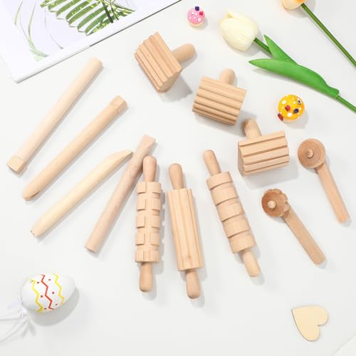 NUOBESTY Wooden Clay Tools Kids Wood Stamps Hand Rollers Plasticine Tools Pottery Molding Clay Accessories for Art DIY Crafts Activities 12pcs