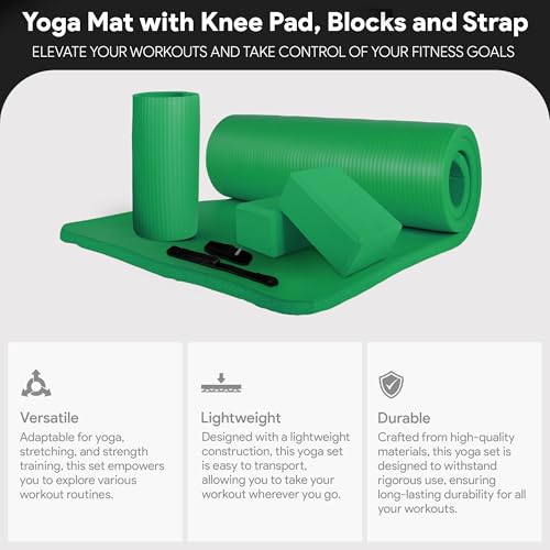 BalanceFrom 71x24 Inches Yoga Mat with Knee Pad and Optional Blocks – Extra 1-Inch Thick Non-Slip Foam with Anti-Tear Surface and Carrying Strap for Home, Studio, or Gym Workouts - color: Green, style: Mat & Knee Pad & Yoga Blocks