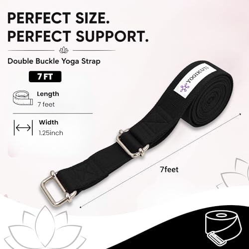 Yogikuti Double Buckle Yoga Strap - Adjustable Stretching Strap for Enhanced Flexibility in Yoga, Pilates, and Physical Therapy, Available in Various Colors and Lengths for All Fitness Levels - color: Black