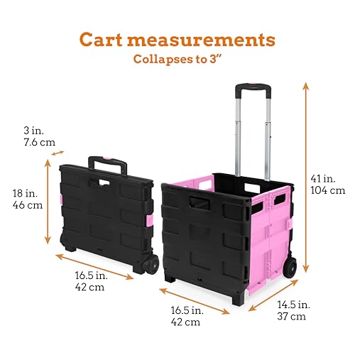 Inspired Living Ultra-Slim Rolling Collapsible Storage Pack-N-Roll Utility-carts, with Telescopic Handle, for Home, Garden, Shopping, Office, School use, Large, Pink & Black - color: Pink, size: Large/ No Lid