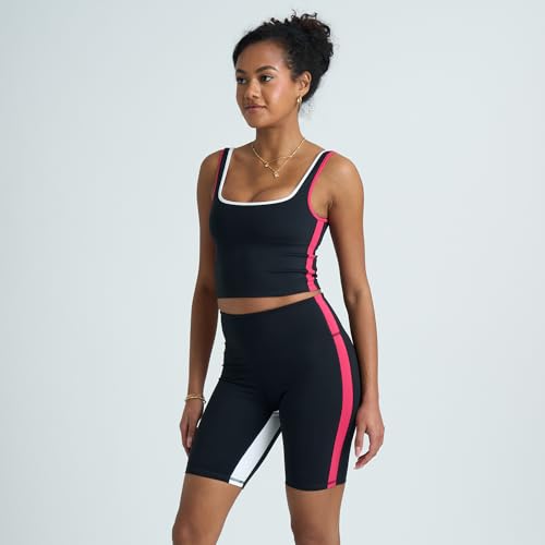 Two piece workout sets for women, 2 piece Gym Sets Tank Top Shelf Sports Bra And Matching Biker Shorts Running Work Out Yoga - color: Black Night/Poppy Pink/White Light, size: Medium