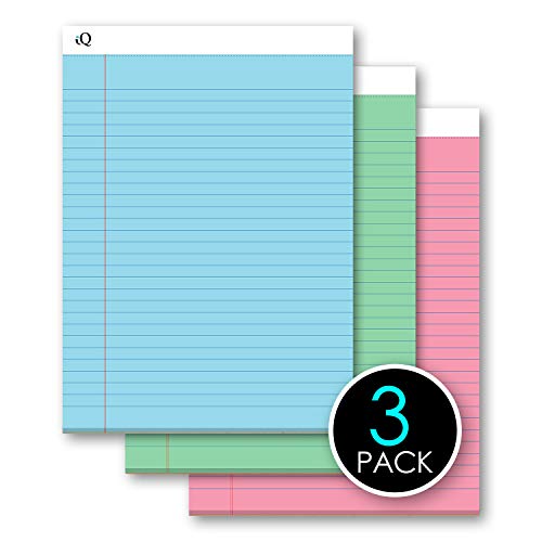 iScholar iQ Pastel Writing Pads, 3 Pack, Wide Ruled, 8.5" x 11.75", 50 Sheets Per Pad, Asst. Pastel Colors (58113) - size: 8.5" x 11.75"