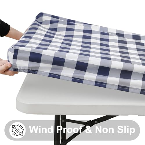 Smiry 4 Foot Picnic Table Cloth, Flannel Backed Fitted Vinyl tablecloths | Waterproof Elastic Rectangle Tablecloth ,Buffalo Plaid Table Covers for Dining, Camping, Outdoor (Navy and White, 24" x 48") - color: Navy and White, size: 48" x 24" (Rectangular)