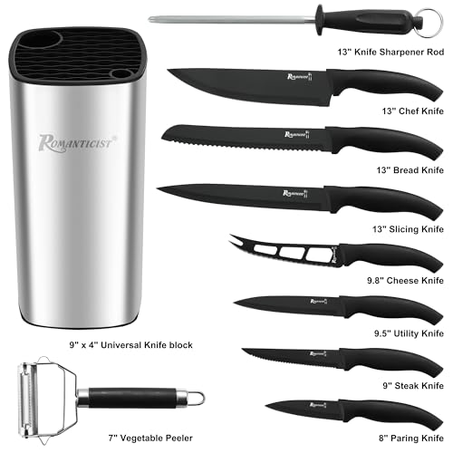 ROMANTICIST Kitchen Knife Sets, 10PCS High Carbon Stainless Steel Knife Sets with Block, Black Knife Block Set, Knives Set for Kitchen with Anti-slip Handle, Exquisite Knives Set New Home Essentials - color: Silver square knife block