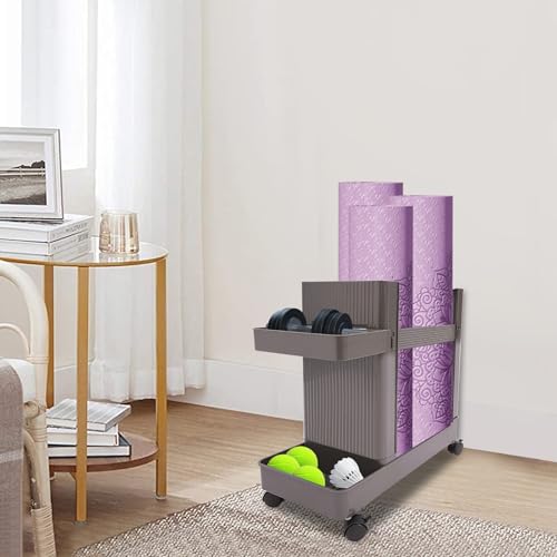 Home Gym Storage Rack, Multifunctional Yoga Mat Display Stand with Wheels, Mobile Workout Equipment Organizer Shelf, Floor Standing Storage Shelf for Home, Gym, Yoga Studio (Gray) - color: Gray