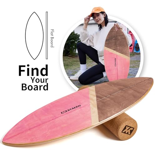XCMAN Surf Balance Board Trainer with Roller Wooden Exercise Balancing Stability Trainer - Non Slip Surface for Adults Kids|Balance Board for Surfing,Snowboarding,Skateboarding,Hockey,Yoga Training - color: Leaf Pink