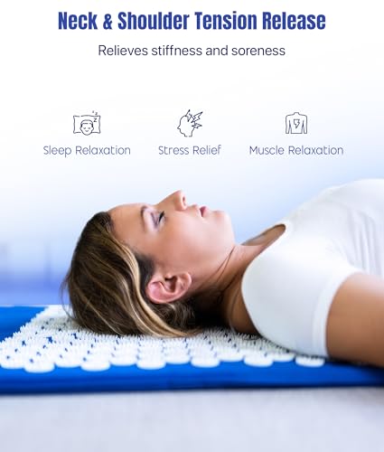 ROMIX Acupressure Mat and Pillow Set, Acupuncture Mat for Back Pain, Neck, Shoulder Pain Relief, Stress Reduction, Wellness Therapy, Cushioned Acupressure Mats with Carry Bag for Men and Women - color: Blue