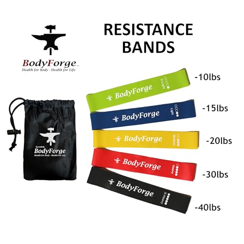 BodyForge Yoga Mat Thick Exercise Mat Thick Non-Slip Extra Thick High-Density Pilates & Resistance Exercise Loop Exercise Bands with Instruction Guide and Carry Bag, Set of 5 Bundle - color: Black