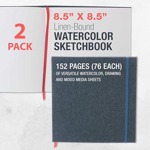 U.S. Art Supply 8.5" x 8.5" Watercolor Book (2 Pack, 76 Sheets Each) | 110lb (230 GSM) Linen-Bound Hardcover Artist Paper Pads - Acid-Free Cold-Pressed Watercolor Paper Pad Mixed Media - size: 8.5-x-8.5-inch