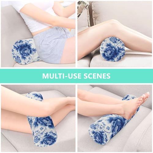 Blue and White Peony Flowers Butterfly Neck Roll Pillow Bolster Round Health Memory Foam Long Cervical Cylinder Pillows with Removable Washable Cover for Body Bed Legs Back Yoga - color: Blue and White Peony Flowers Leaf